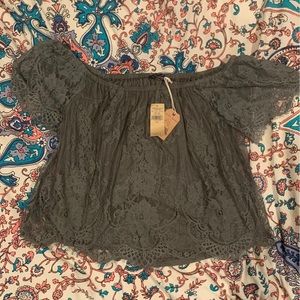 American Eagle Off the Shoulder Green Lace Top